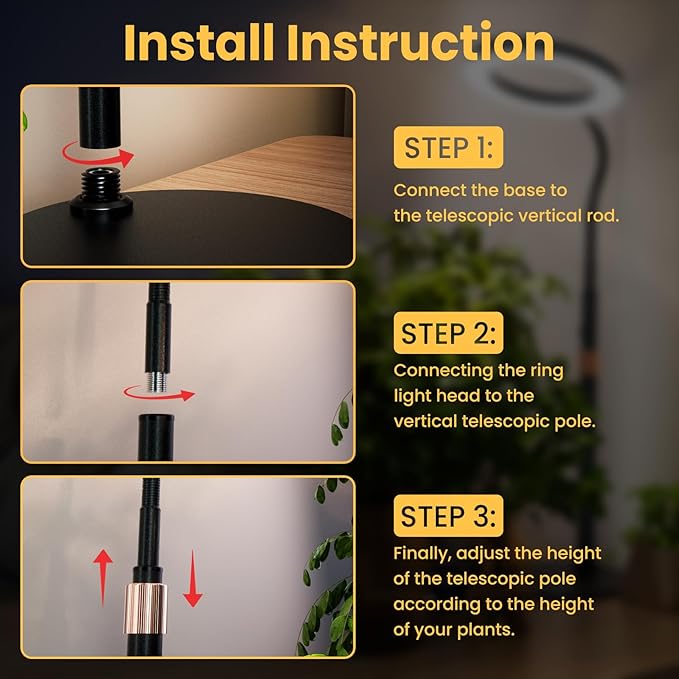 Grow Light Plant Light for Indoor Plants, Full Spectrum Grow Lamp with Pedestal Stand, Automatic Timer for 3H/9H/12H, 10 Dimmable Levels, Height Adjustable 51-67in Black