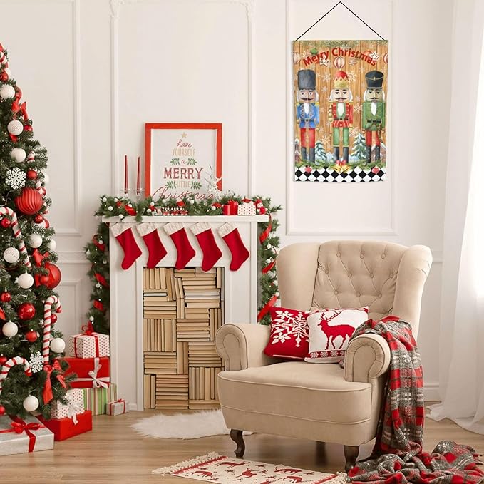 Merry Christmas Nutcracker Buffalo Plaid Check Garden Flag Welcome Party Outdoor Outside Decorations Picks Home House Garden Yard Decor 12x18 Inch