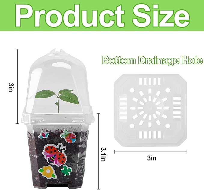 EBaokuup 10 Pcs Clear Plant Nursery Pots with Humidity Dome-3" Reusable Plastic Gardening Pot with Printed Labels-Small Seed Starting Pots for Seedlings,Vegetables,Succulents,Cuttings