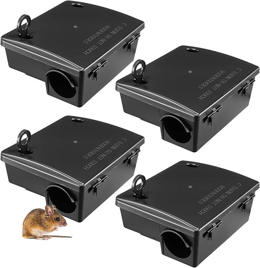 Qualirey Rat Bait Stations Large Rodent with Key Reusable Mouse Stations Mice Blocks Heavy Duty Boxes for Outdoor Rodents Mice Blocks, Bait Not Included, Black (4 Pack,8.66 x 7.5 x 3.9 Inches)