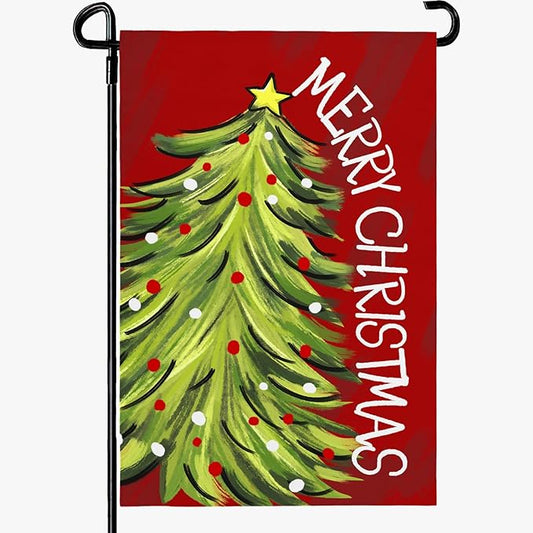 Merry Christma Garden Flag Xmas Tree Yard Flag Winter Red Green Trees Double Sided Vertical House Banner for Rustic Farmhouse Seasonal Outdoor Decoration 12x18 Inch