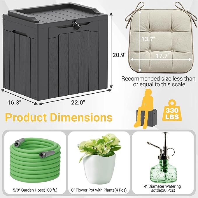 Greesum 31 Gallon Resin Deck Box Large Outdoor Storage for Patio Furniture, Garden Tools, Pool Supplies, Weatherproof and UV Resistant, Lockable, Dark Grey