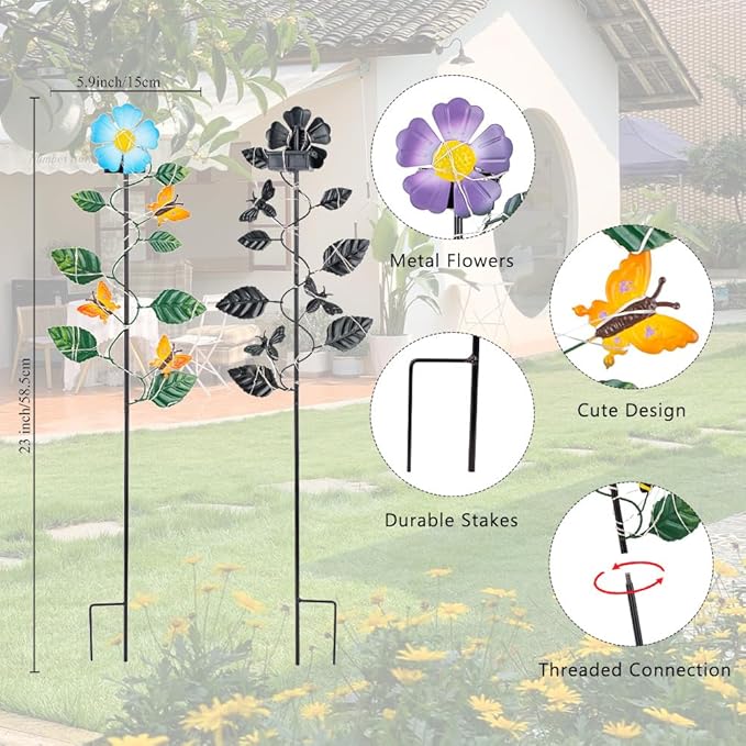 Set of 3 Solar Garden Lights,23'' H Flowers＆Insect Decorative Garden Stakes,Waterproof Metal Spring Yard Art Decor,Solar Stake Lights for Outside,Lawn,Yard,Patio