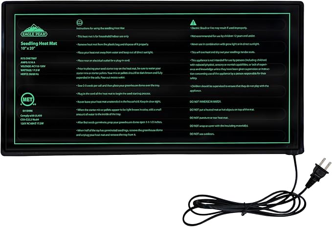 EAGLE PEAK Waterproof Seedling Heat Mat 10" x 20", UL & MET-Certified Heating Pad for Seed Starting, Germination, and Hydroponic Gardening, Includes (1) Warming Mat