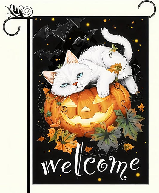 Welcome Halloween Garden Flags 12x18 Double Sided Halloween Cat Pumpkin Garden Flag Yard Outside Decor Holiday Outdoor Flag Decorations Home Banner