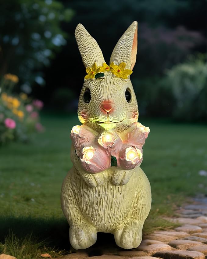 Solar Bunny Garden Light Outdoor Statue – Waterproof Rabbit Figurine with 5 Tulip LED Lights, Auto On/Off Bunny Garden Decor for Patio, Balcony, Lawn, Yard Decorations, Birthday Gifts for Women
