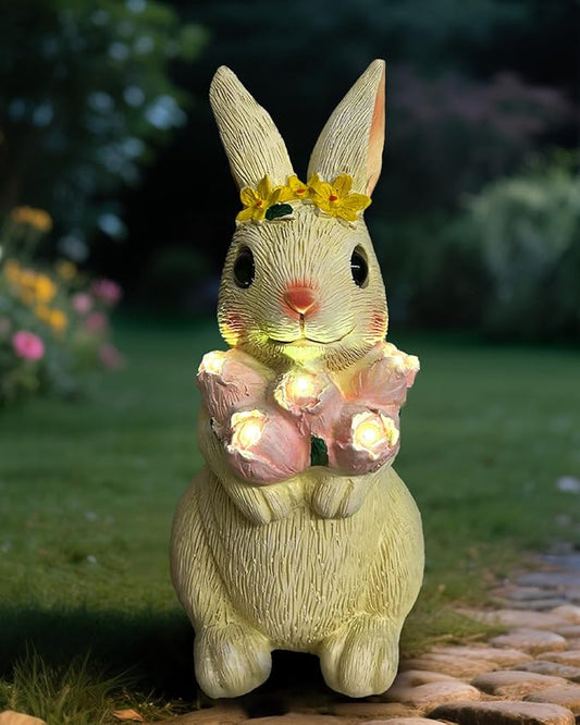 Solar Bunny Garden Light Outdoor Statue – Waterproof Rabbit Figurine with 5 Tulip LED Lights, Auto On/Off Bunny Garden Decor for Patio, Balcony, Lawn, Yard Decorations, Birthday Gifts for Women