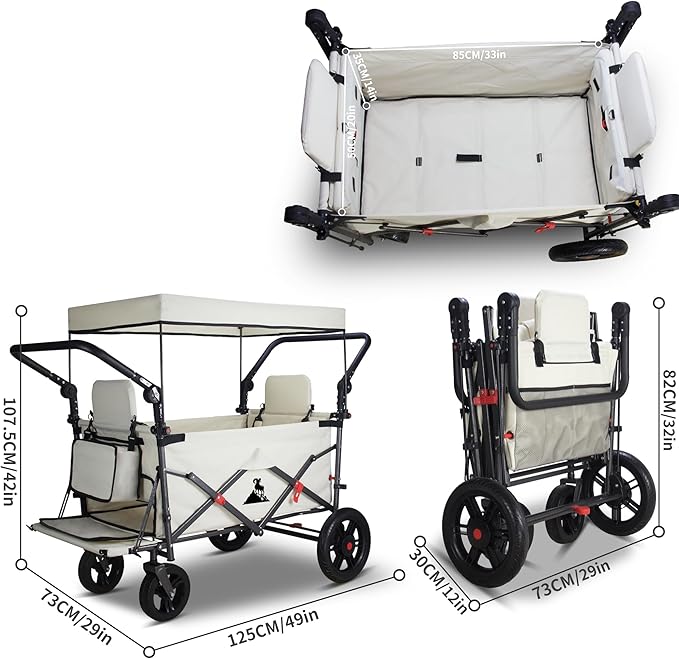 Foldable Wagon with Canopy - Collapsible Utility Cart with 2 Seats & Belts, Adjustable Handle, Expandable Front for Camping, Picnic, Shopping (Beige)