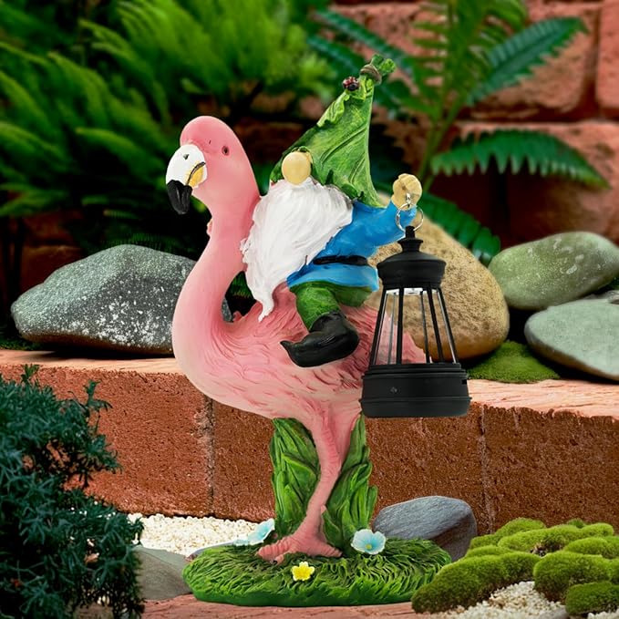 Gnomes Flamingo with Solar Lantern, Whimsical Decor for Garden, Yard, Patio, Lawn, LED Lights - Unique Gift for Women, Mom, Friends(Blue Gnomes)