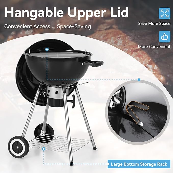 GREEN PARTY 18 inch Kettle Charcoal BBQ Grill with Wheels, Portable Charcoal Grill with Porcelain-Enameled Lid & Ash Catcher for Outdoor Cooking Barbecue Camping Picnics Tailgating, Black