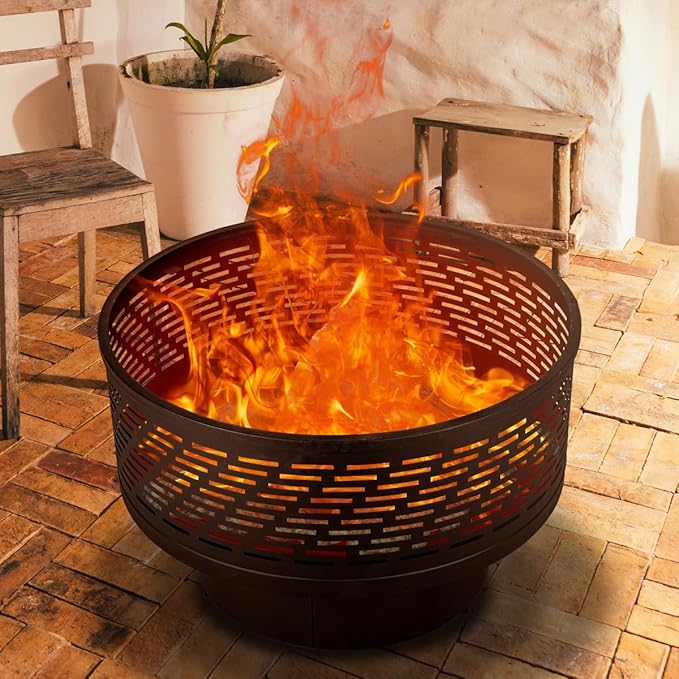 26" Wood Burning Fire Pits with Grill & Lid, Fire Pit Table for Outside with Waterproof Cover & Fire Poker, Outdoor Firepit with Functions for BBQ,Table and Bonfire