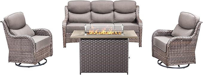 Luxury High Back Outdoor Furniture 6-Inch Thick Cushions with 50,000 BTU Gas Propane Fire Pit Tablet, Patio Furniture Set with Swivel Chairs, for Porch, Balcony, Deck and Yard