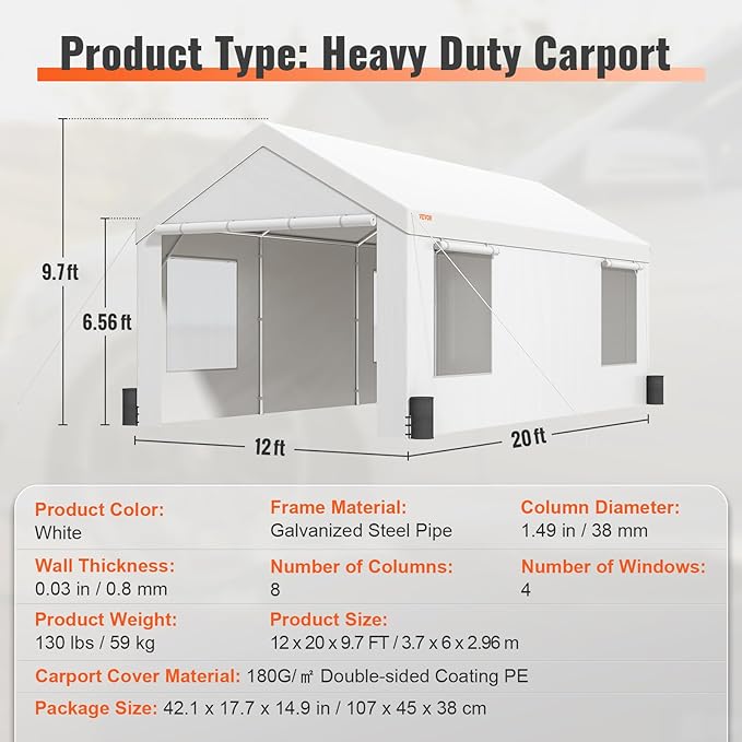 VEVOR Carport, 12'x20' Extra Large Heavy Duty Carport, Upgraded Portable Garage Car Canopy with Roll-up Ventilated Windows, Removable Sidewalls, Waterproof UV Resistant All-Season Tarp for Parking