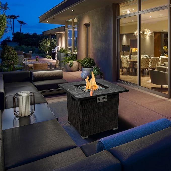 30'' Propane Fire Pit Table, Marble Textured Ceramic Tabletop, 50,000 BTU Fire Table with Brown Wicker, Mix Color Glass Rocks, Including Lid&Cover, Square