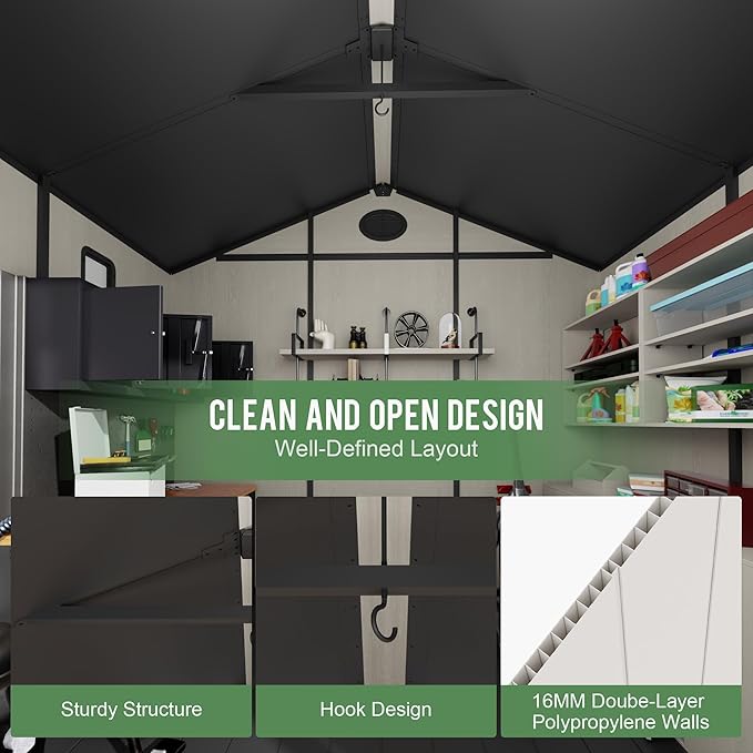 8' x 6' Outdoor Resin Storage Shed with Floor,Galvanized Metal Waterproof Garden Shed with Lockable Door, Windows, Vents, Plastic Tool, Bike Storage for Patio Furniture, Lawn Mower