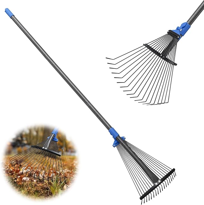 Rake, Leaf Rake with Expandable Head,18 Teeth, Adjustable 53 Inch Long Handle, 17 Inch Wide, Heavy Duty Collapsible Yard Rakes for Lawn Flowers Beds Gardening