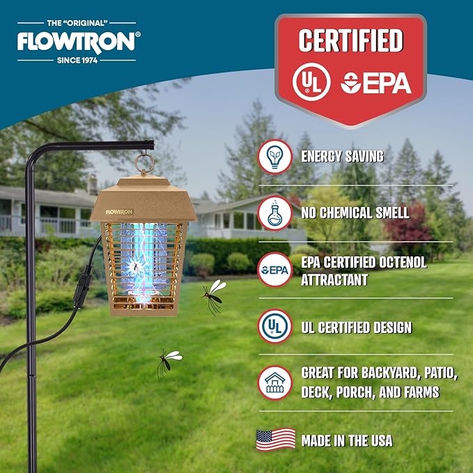 Flowtron Electric Bug Zapper 1/2 Acre Outdoor Insect Control with Dual Lure Method, 15W UV Light & Octenol Attractant for Fly & Mosquito, 5600V Kill Grid, Made in USA, UL Certified - Tan Color