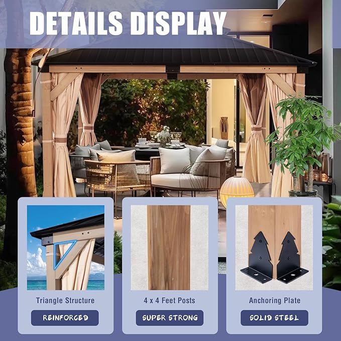 CHARMELEON Cedar Wood Gazebo 10x12 ft – Gazebo Wooden with Double Metal Roof – Hardtop Gazebo Kits with Mosquito Netting & Curtains – Wood Frame Gazebos Pavilion for Outdoor, Patio, Backyard and Deck