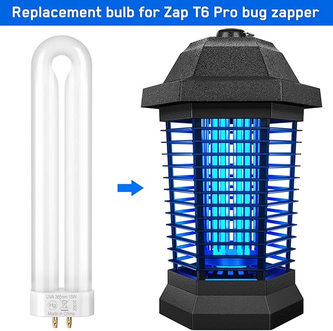 GOOTOP Replacement Bulb for Zap T6 Pro, K15, T9,X3 Bug Zapper, 15W, 4-Pin Base, U-Tube Bulb Twin Tube Bulb