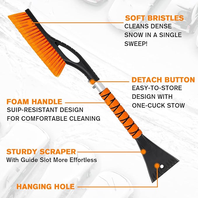 27" Snow Brush and Ice Scraper for Car Windshield - Heavy Duty Detachable Snow Removal Tool with Ergonomic Foam Grip for Cars, Trucks and SUVs