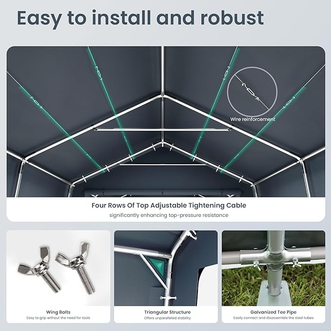 PHI VILLA 13'X22'X9.6' Outdoor Portable Storage Shelter Shed Garage with Roll up Zipper Doors & Vents Carport for Motorcycle Waterproof and UV Resistant Anti-Snow Portable Garage Kit Tent, Gray