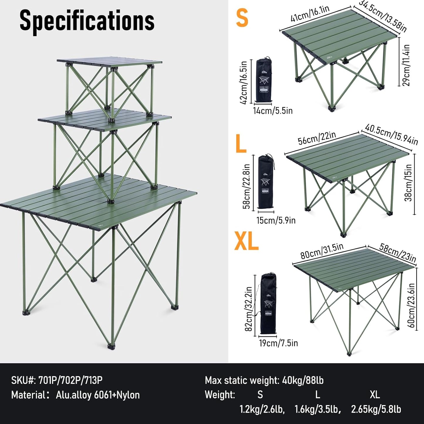iClimb Ultralight Compact Camping Folding Table with Carry Bag (Reinforced Green - S)