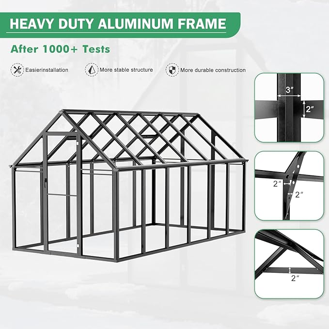 Polycarbonate Greenhouse Kit,12x6x6 FT Outsides Aluminum Frame Heavy Duty Green House with Transparent Panels Windows Door for Backyard Garden, Outdoor Walk in Plant Greenhouses,Black Frame
