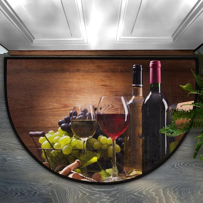 cfpolar Wine Half Round Door Mat, Farmhouse Red Wine Goblet Semicircle Doormat, Non Slip Soft Area Rug, 24 x 36 in