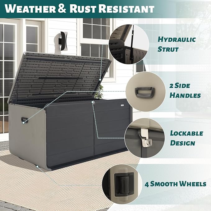 Domi 260 Gallon Outdoor Storage Box – Waterproof, UV-Resistant Deck Box with Lockable Lid for Patio Furniture, Garden Tools, Delivery Packages (Large Resin Storage Bin）