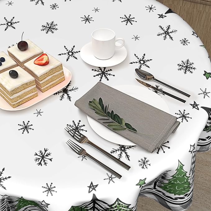 Giwawa Christmas Round Tablecloth 60 Inch,Green and Black Buffalo Plaid Xmas Trees Snowflakes Theme Country Reusable Wrinkle Resistant Table Cover for Holiday Party Dinner Table Decor