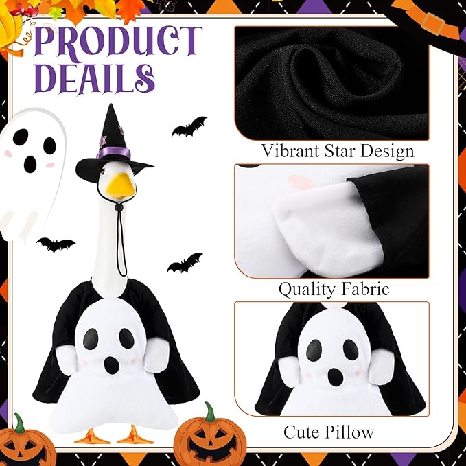 Sanwuta 1 Set Halloween Porch Goose Outfit Ghost Pillow Design with Witch Hat for 23" Lawn Cement Goose Porch Geese Clothes Costume for Halloween Garden Patio Yard Outdoor Decorations