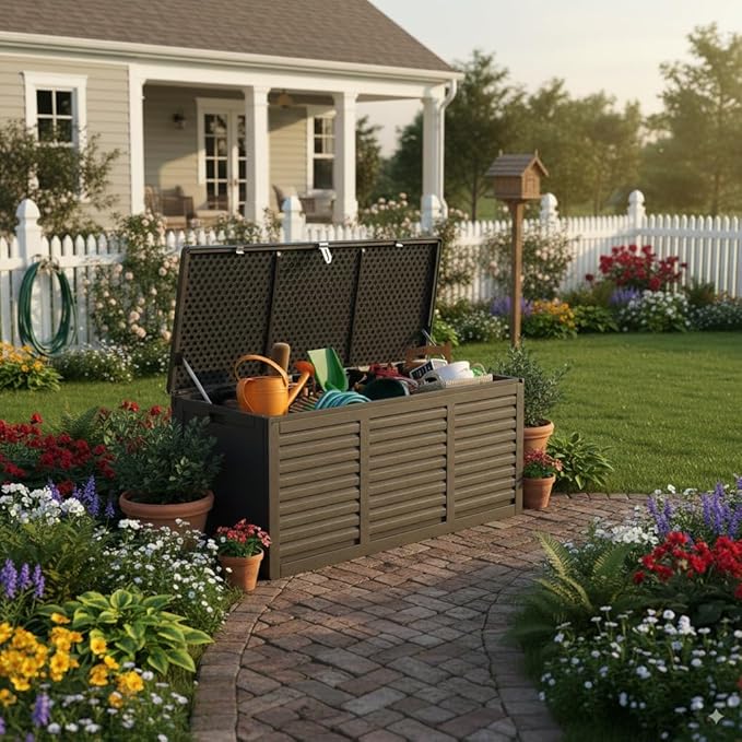 Resin Deck Box, 130 Gallon Outdoor Storage Box with Lockable Lid, Waterproof Patio Storage for Garden Tools & Outdoor Accessories (Dark Black)