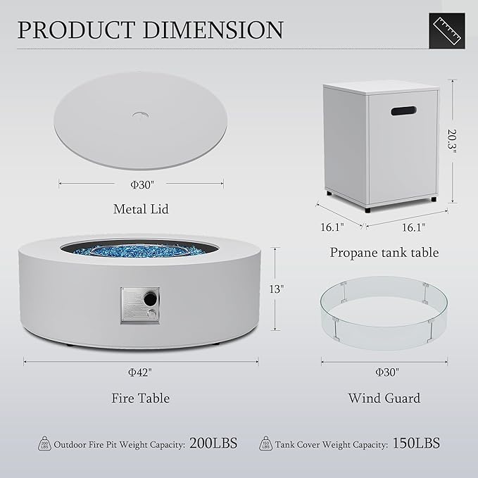 UPHA 42-inch Outdoor Propane Gas Fire Pit Table 50000 BTU Iron Round Firepit for Outside Patio with Tank Hidden Table, Wind Guard, Removable Lid, Blue Glass Rocks, Rain Cover, White