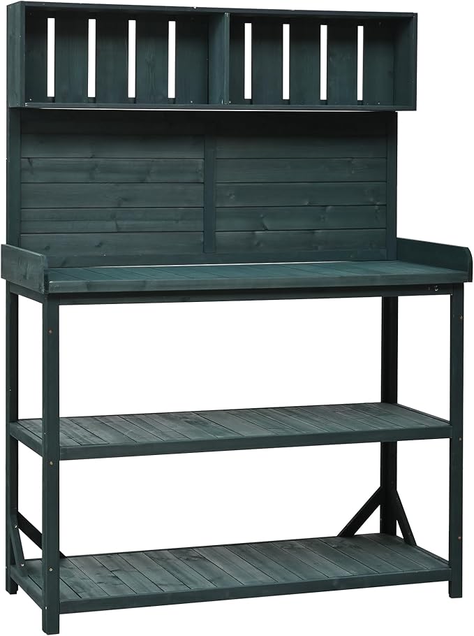 Merax 65" Large Wooden Farmhouse Rustic Outdoor Potting Bench Table with 4 Storage Shelves and Side Hook, Patio Workstation, for Garden, Backyard, Forest Green