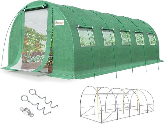KING BIRD Premium 25x10x6.6FT Greenhouse for Outdoors, Large Walk-in Heavy Duty Galvanized Steel Frame, Mesh Door Screen Window Upgraded Zipper Tunnel Hoop for Garden Plant Winter, Green