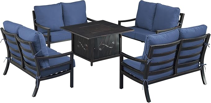 Oakland Living Black Aluminum Patio Fire Table Set with Four Deep Seating Loveseat with Cushions with Blue Cushions