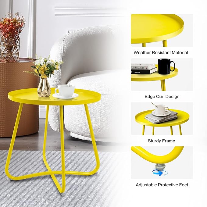 Babion Yellow Outdoor Side Table, Small Round Patio Accent Table for Patio Yard Garden, Indoor & Outdoor