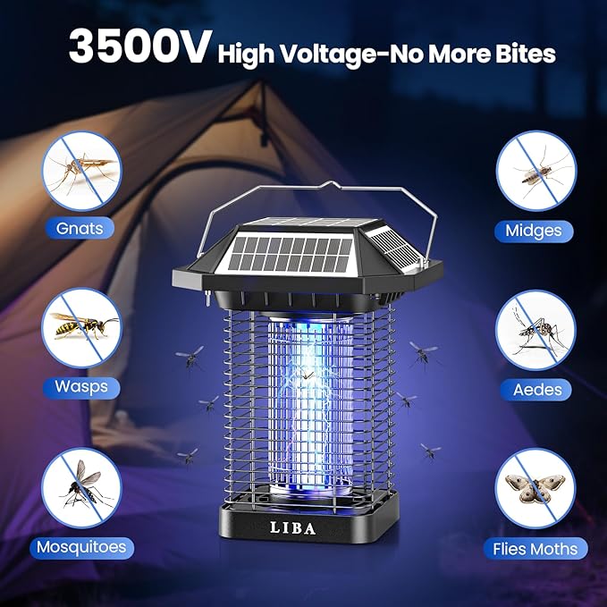 LiBa Solar Bug Zapper Outdoor, 2 in 1 Mosquito Zapper Cordless & Rechargeable, Solar Insect Killer Lamp, 3500V Mosquito Catcher Decor Light for Patio Garden Backyard