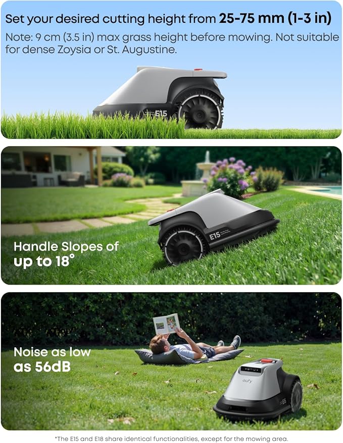 eufy E15 Robot Lawn Mower,Max 0.2 Acres,Wireless Robot Mower with Auto Mapping,Vision Navigation,Multi-Zone Management,Robotic Lawnmower with AI Obstacle Avoidance,APP Control,18°Slope,Cut Height1-3"