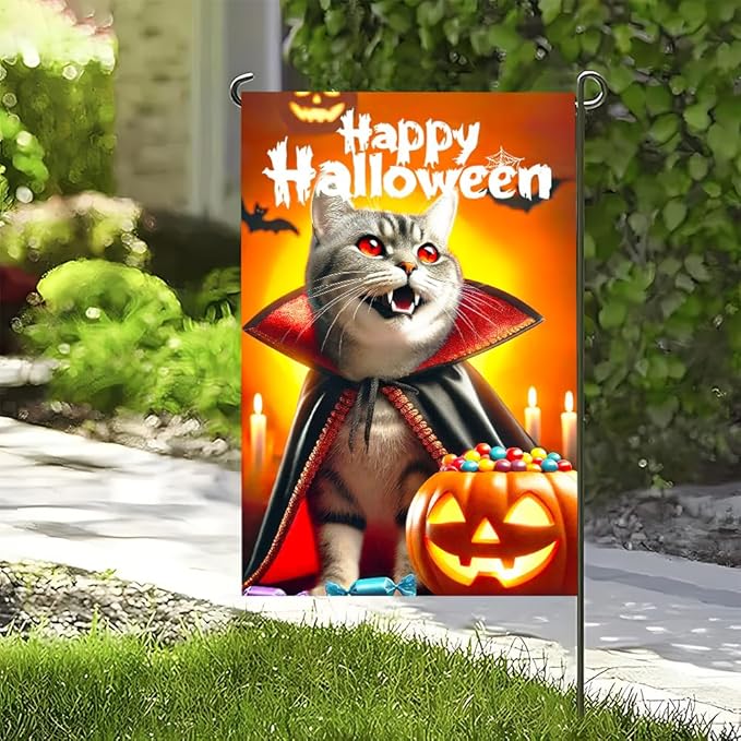 Halloween Garden Flag 11.81 x 17.72 Inch Gray Cat in Vampire Cape with Fangs Pumpkin Candy Bats and Happy Halloween Outdoor Yard Decoration for Holiday Party