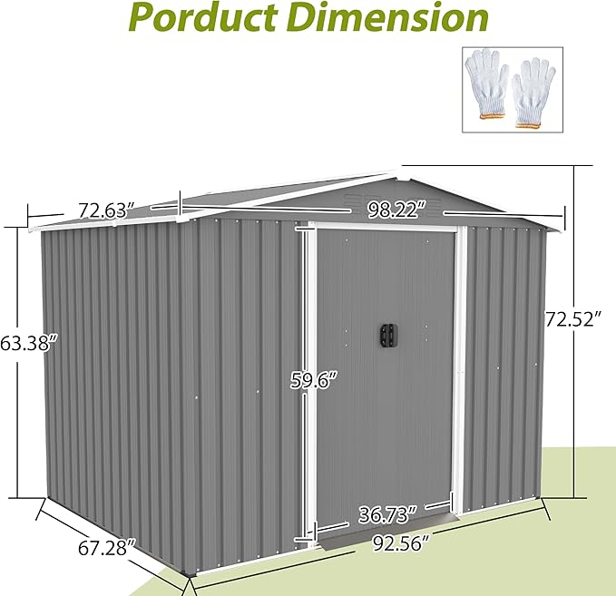 Outdoor Storage Shed, 8x6 FT Galvanized Steel Metal Shed, Lockable Waterproof Tool Storage Sheds for Garden, Patio, Lawn – Durable Storage Solution in Multiple Sizes