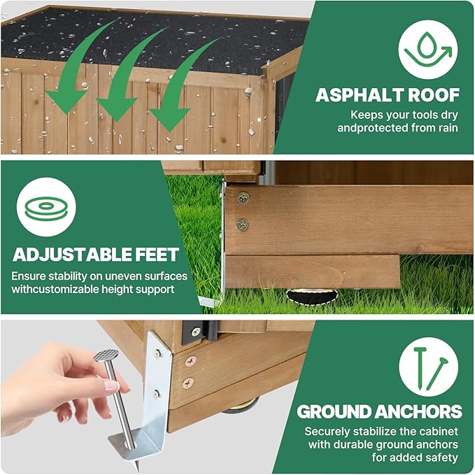 Outdoor Storage Cabinet, Wood & Metal Tall Tool Shed with Weather-Resistant Roof, Double Lockable Doors, 3 Removable Shelves & Adjustable Feet, for Patio, Garden, Backyard, 32" x 15.5" x 66"