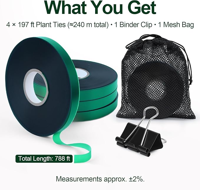 0.5 Inch Plant Tie Tape, 4 Rolls (788 ft Total) – Stretch Vinyl (PVC) Garden Ties for Stems & Poles, Non-Adhesive; Mesh Storage Bag + 1 Binder Clip Included (788 ft)