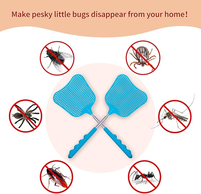 Fly Swatters 2 Pack, Durable Telescopic Stainless Steel Handle, Heavy Duty Blue Bug Zapper Racket, Upgraded Plastic Fly Swatter Set for Indoor Outdoor Home Hiking Camping Garden