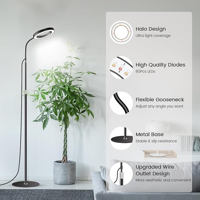 Garpsen Grow Lights for Indoor Plants, Full Spectrum LED Plant Light with Stand, 3 Color Modes Floor Grow Lamp with Timer 6/12/16H, 5 Dimmable Levels, 67'' Adjustable Height for Large Plants