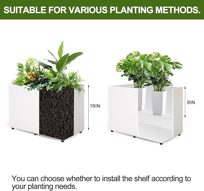 2 Pack Planter Box Rectangular Block - 24×16×12IN Galvanized Steel Long Box Planter Easy Installation Modern Outdoor Tall Planters All-Weather Use with Drainage Holes for Patio/Porch(White)