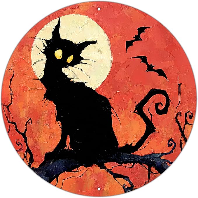 PEACHGARDEN Vintage Halloween Black Cat Round Tin Sign Gothic Decor Wall Art Metal Plaque 8x8inch