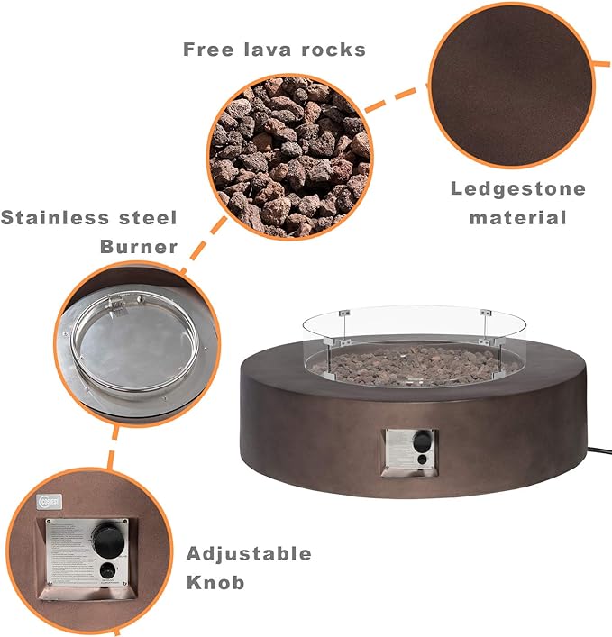 COSIEST Outdoor Propane Fire Pit Coffee Table w Bronze 42 inch Round Base Patio Heater, CSA Certified, 50,000 BTU Stainless Steel Burner, Wind Guard, Tank Outside, Free Lava Rocks, Waterproof Cover