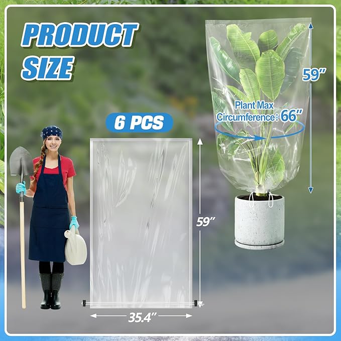ANPHSIN 6 Pcs Winter Plant Film Cover with Drawstring - 35.4" x 59" Plastic Plant Cover Freeze Protection Transparent Waterproof Plant Shelter Bag for Outdoors Garden Plants Shrubs Sapling Crops