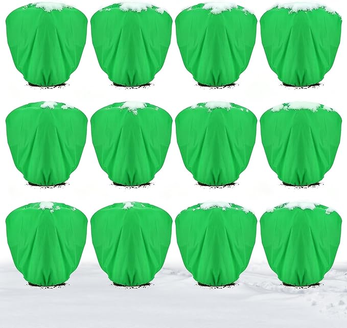 ANPHSIN 12 Pcs Plant Covers Freeze Protection - 39.3in x 39.3in Winter Shrub Plant Protection Bags, Frost Blankets Cloths with Drawstring for Outdoor Garden Plants, Green